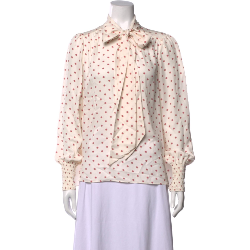 ME+EM 100% Silk Polka Dot Bow Blouse Pink Cream With Smocked Cuff Size M